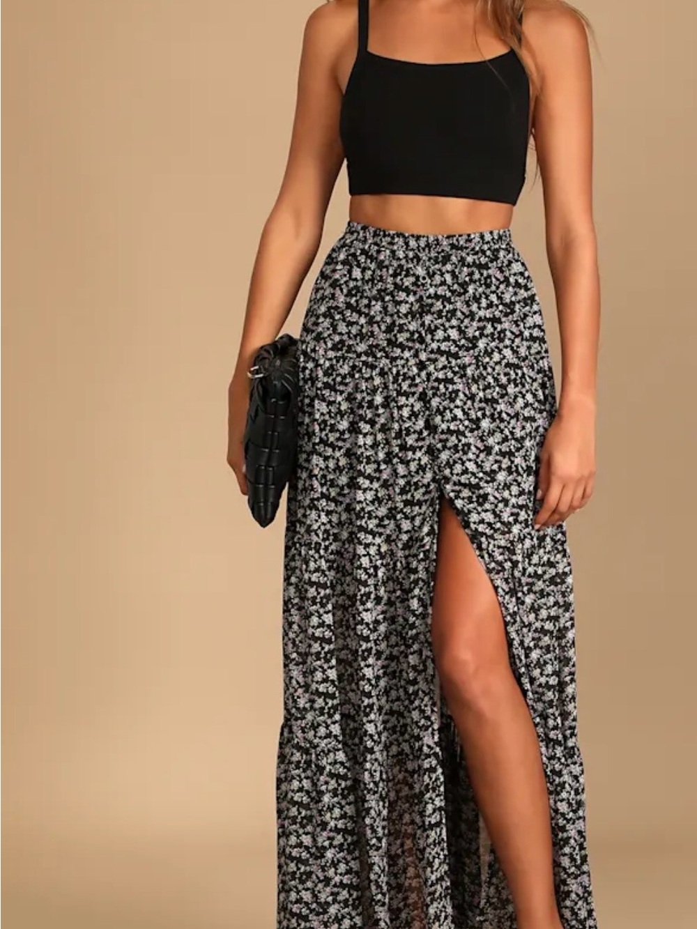 Lulu's Black Floral High-Slit Maxi Skirt with Tiny White Blossoms
